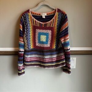 Vintage EXPRESS TriCot Crochet Sweater Multicolor Granny Boho